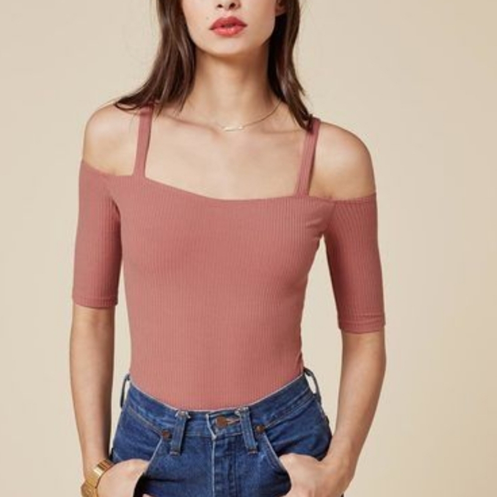 Reformation bodysuit pink/blush size S off shoulder ribbed Alessa Top
